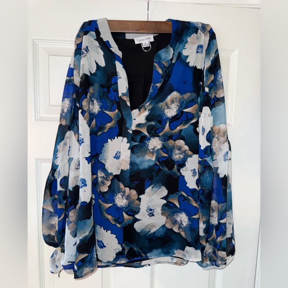 Calvin Klein Blue Floral Sheer Blouse Size M